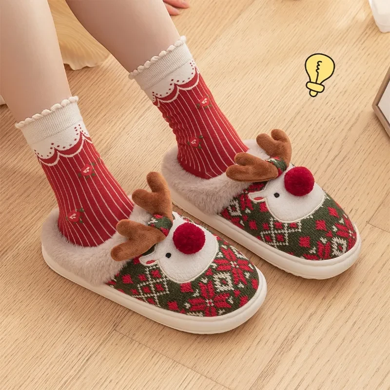 Cute Christmas Elk Plush Slippers  Cozy Non-slip Fuzzy House Shoes for Women