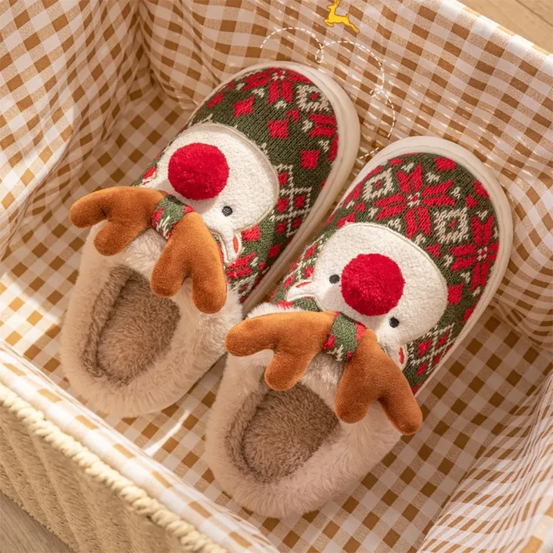 Cute Christmas Elk Plush Slippers  Cozy Non-slip Fuzzy House Shoes for Women
