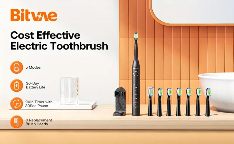 8-Brush-Head Sonic Electric Toothbrush - Oral Care Toothbrushes & Accessories - Rechargeable, 5-Mode, ADA Accepted, Smart Timer, Black D2 with Long-Lasting Battery Life
