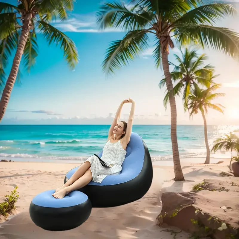 Portable Inflatable Lounger Sofa - Waterproof, Foldable Outdoor Chair with Footrest & Comfort Velvet Seat for Camping, Hiking, Home Sunbathing