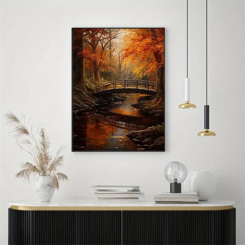 1pc Unframed Canvas Poster, Modern Art, Autumn Forest Stream Bridge