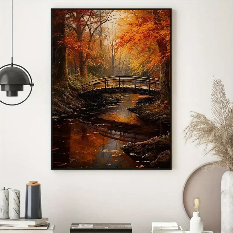 1pc Unframed Canvas Poster, Modern Art, Autumn Forest Stream Bridge