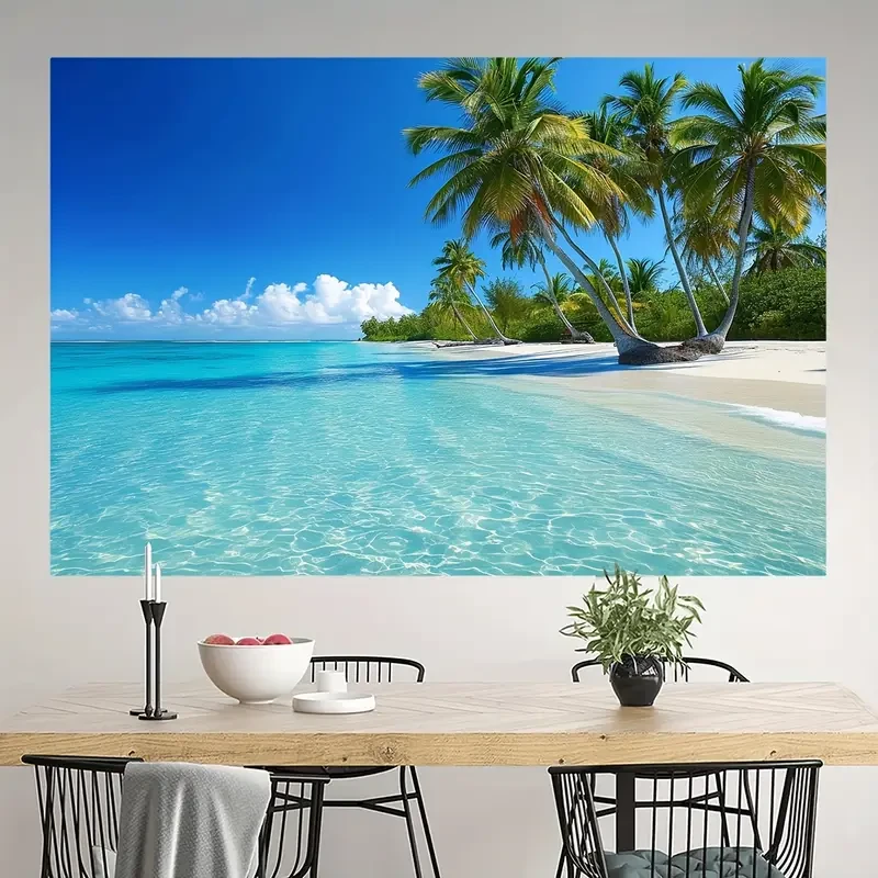 Vibrant Ocean Beach Tapestry - Tropical Paradise Wall Hanging with Coconut Tree