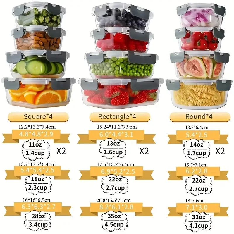 12pcs- Glass Food Storage Containers with Lids Set, Airtight Glass Meal Prep Containers (Containers & Lids), Leak Proof Lunch Containers BPA-Free