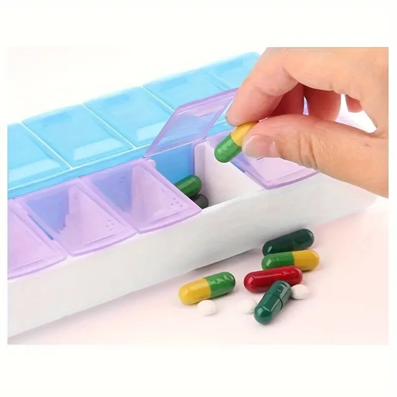 Weekly Pill Organizer 2-Row 7-Day Large Capacity Portable Medicine Container Box 14 Compartments Snap Lid Medication Storage Case Travel-Friendly Durable Plastic
