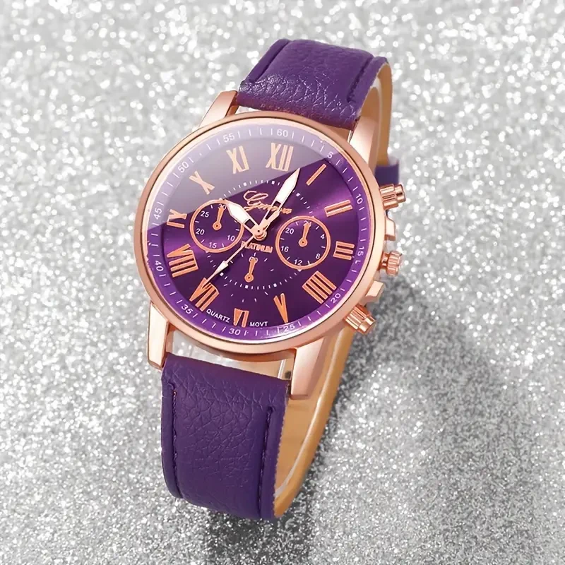 8pcs Women'S Fashion Quartz Watch Set - Round Zinc Alloy Case, PU Leather Strap, Analog Display, Non-Rechargeable Button Battery - Ideal Gift for Women and Mothers