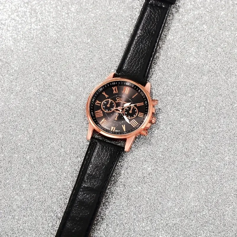 8pcs Women'S Fashion Quartz Watch Set - Round Zinc Alloy Case, PU Leather Strap, Analog Display, Non-Rechargeable Button Battery - Ideal Gift for Women and Mothers