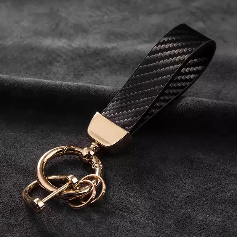 Carbon Fiber PU Leather Keychain with Mesh Hand Rope