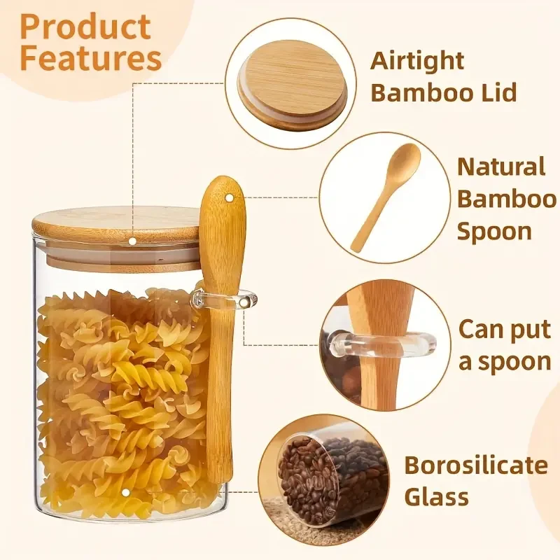 Set Of 4 Glass Jars With Bamboo Lids And Attached Spoons, 500ml Airtight Containers For Pantry Organization