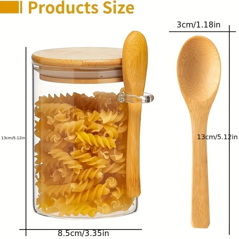 Set Of 4 Glass Jars With Bamboo Lids And Attached Spoons, 500ml Airtight Containers For Pantry Organization