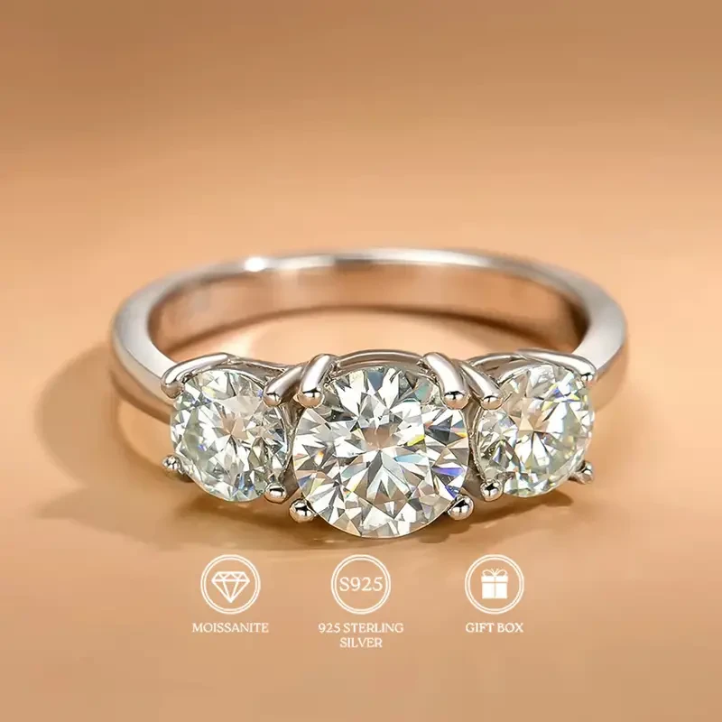 Shavano 2/4 CTW Moissanite Three Stone Ring - S925 Sterling Silver, 18K Gold Plated, Engagement & Wedding Band for Men and Women, Fine Jewelry Over 15, with Valentine's Gift Box