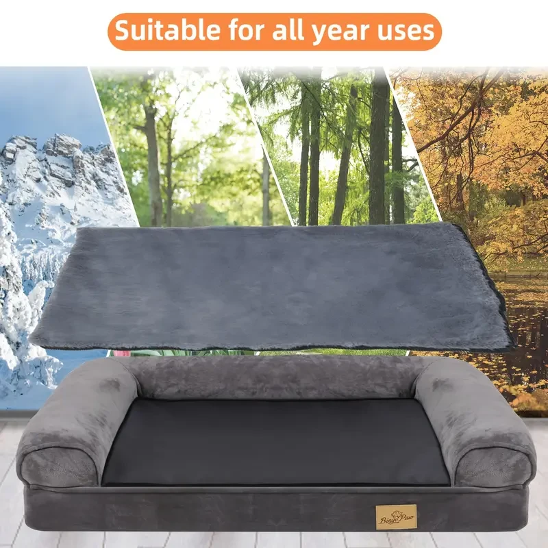 Extra Large Dog Sofa Bed Memory Foam Calming Orthopedic Pet Mattress Cushion Waterproof Bolster Dog Couch Bedding with Pillow and Removable Washable Cover Grey