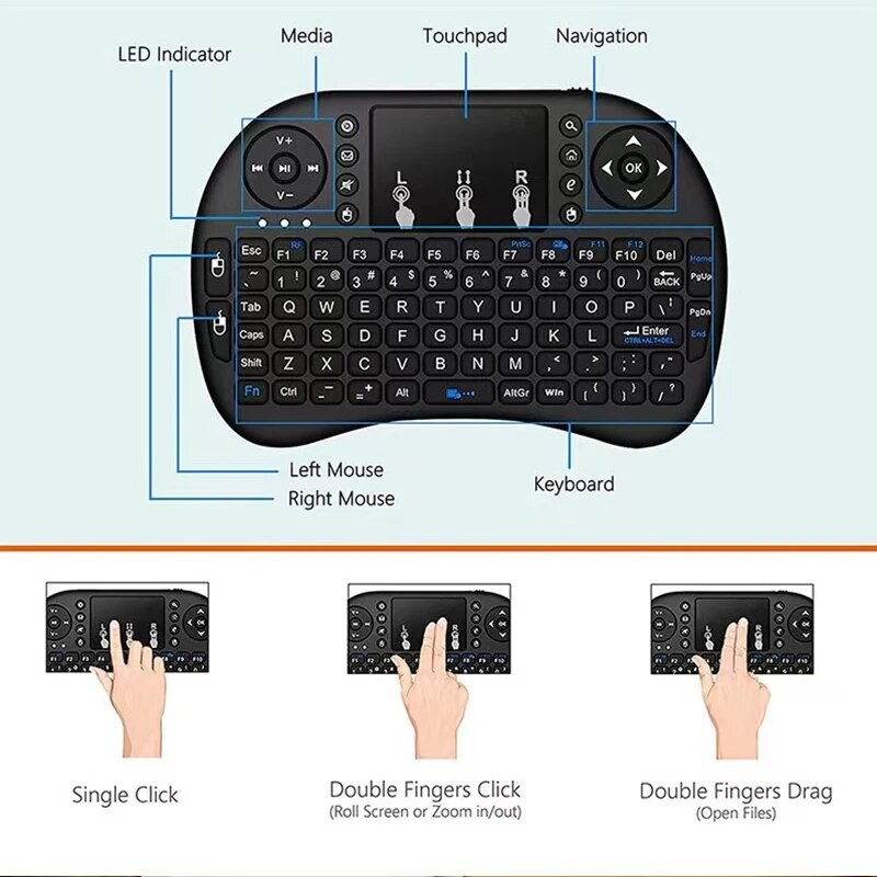i8 Wireless Keyboard with Touchpad  2.4GHz Mini English/Russian Keyboard & Aerial Mouse for Laptop, TV Box & Projector