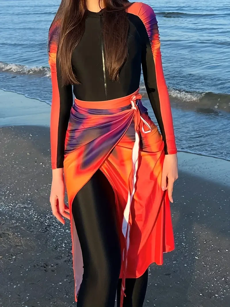 Women's 3-Piece Swimwear Set with Long Sleeve Flame-Print One-Piece, Side-Tie Cover-Up & Zippered Neckline Chic Beach Ensemble