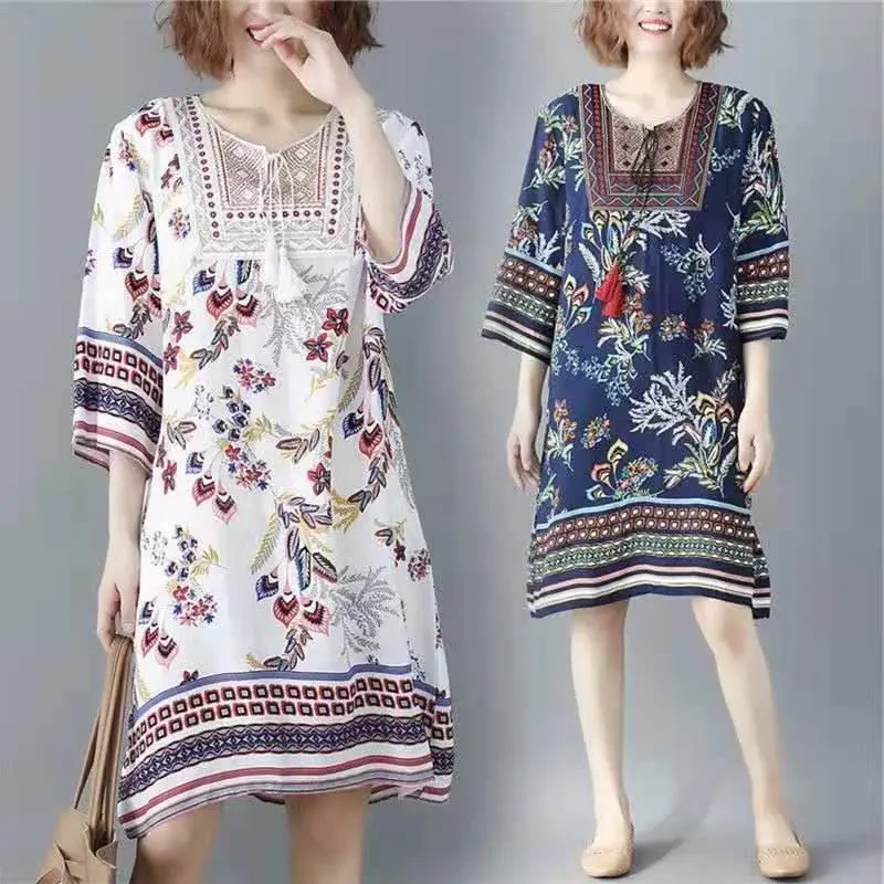 Printed Round Neck Beach Dress Women