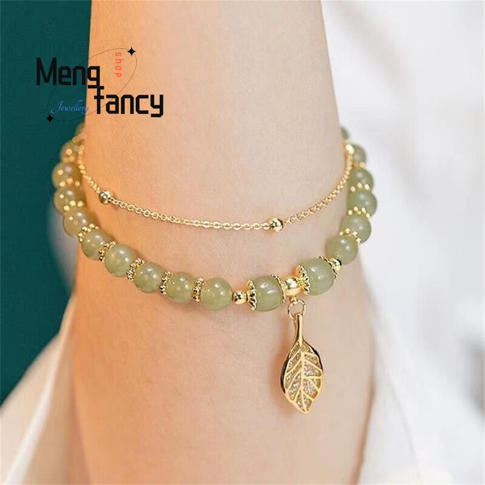 Natural Hetian Jasper Bracelet  Golden Branch & Jade Leaves for Womens Fashion Jewelry
