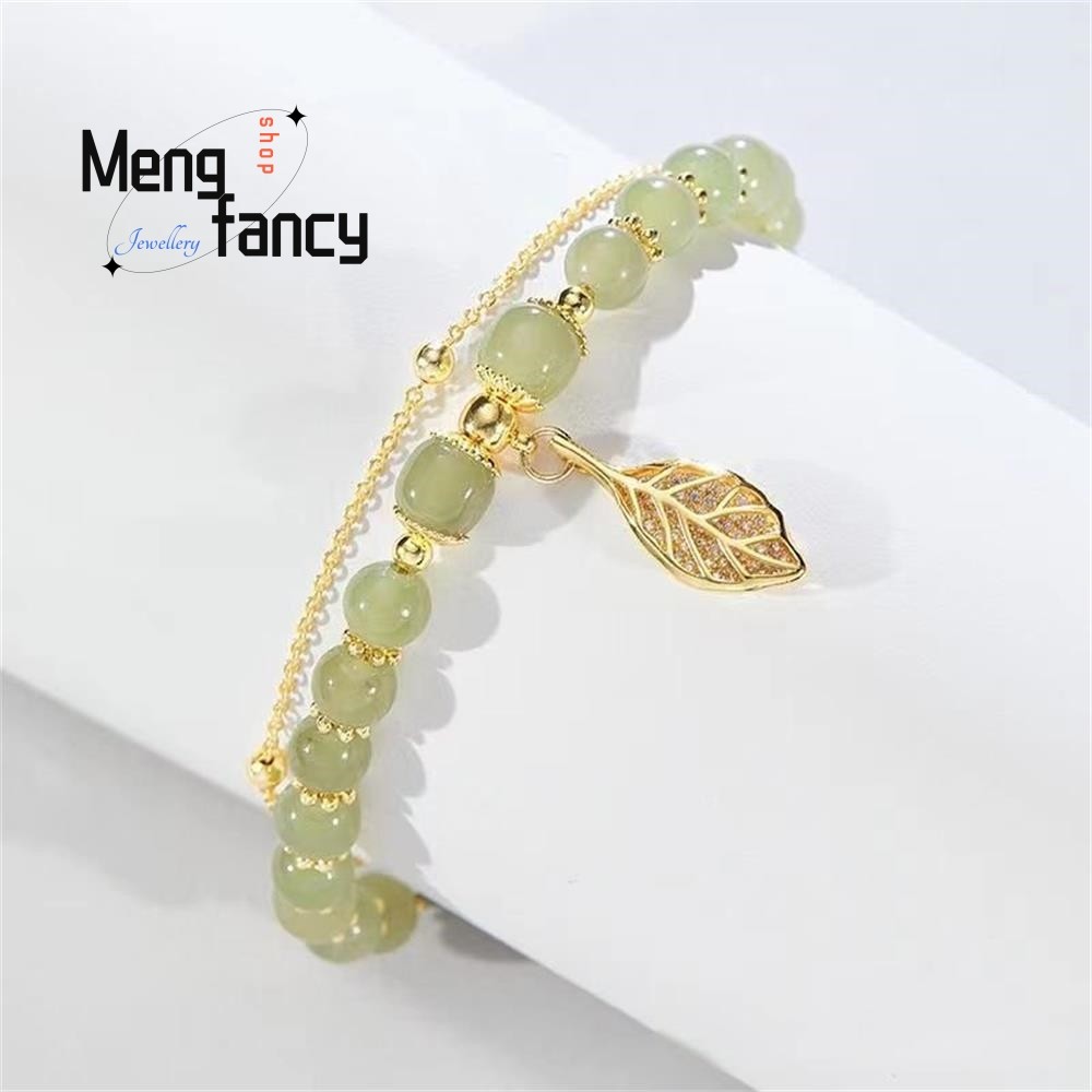 Natural Hetian Jasper Bracelet Golden Branch & Jade Leaves Charm