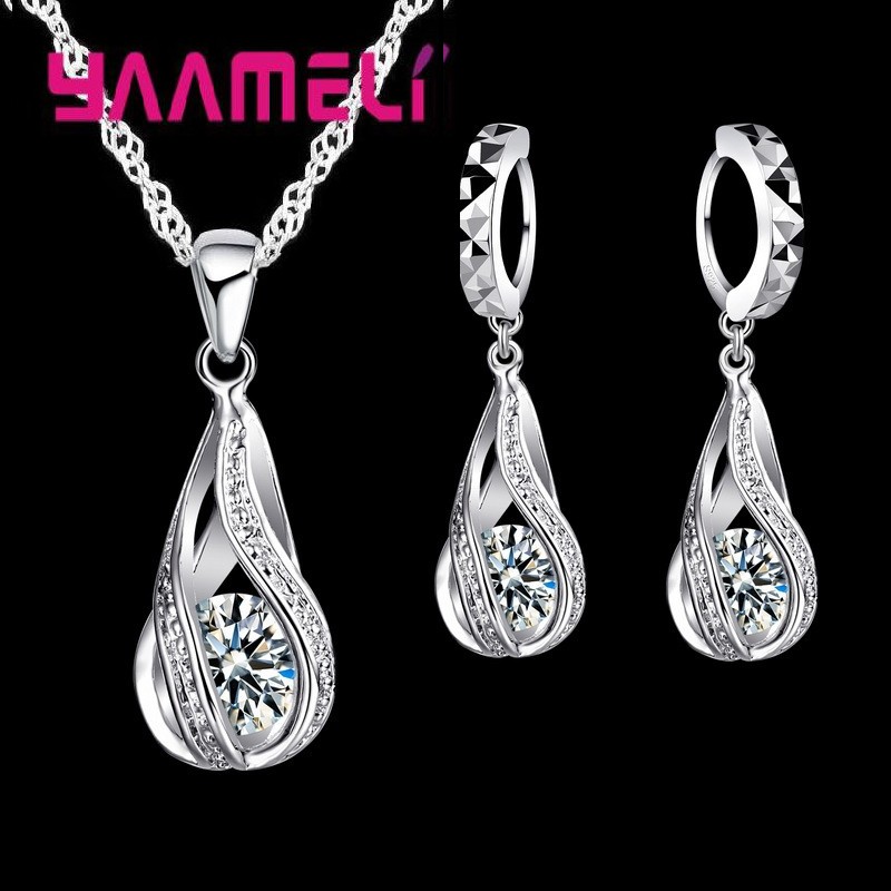 Water Drop CZ Sterling Silver Jewelry Set  Pendant Necklace & Hoop Earrings for Women