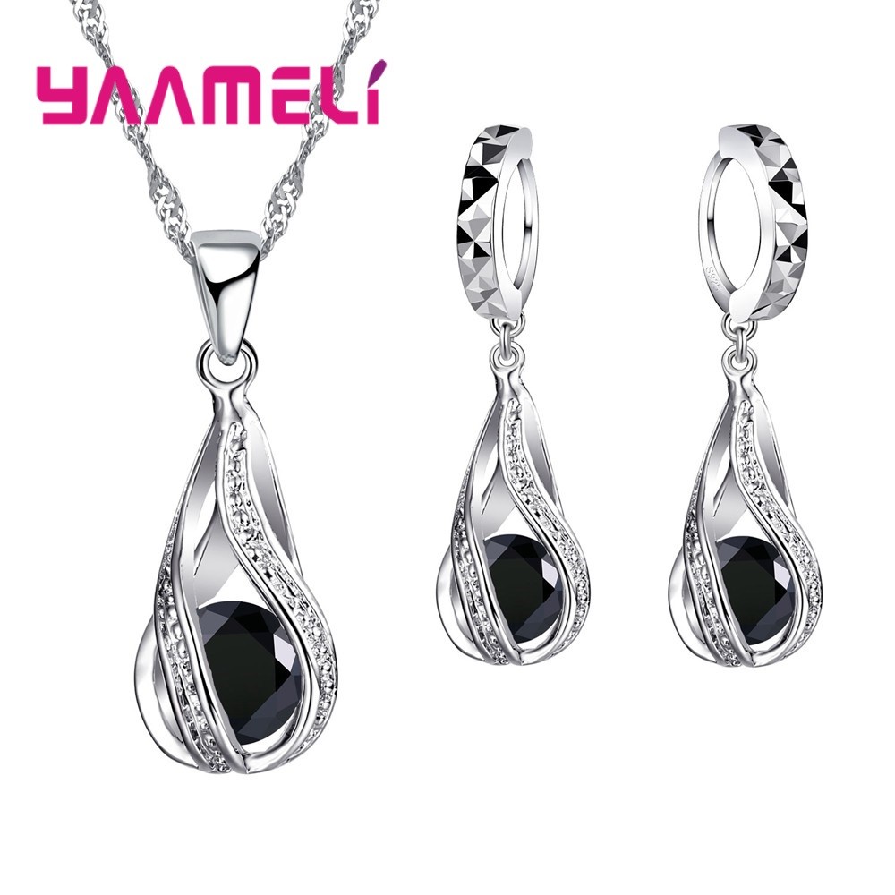 Water Drop CZ Sterling Silver Jewelry Set  Pendant Necklace & Hoop Earrings for Women