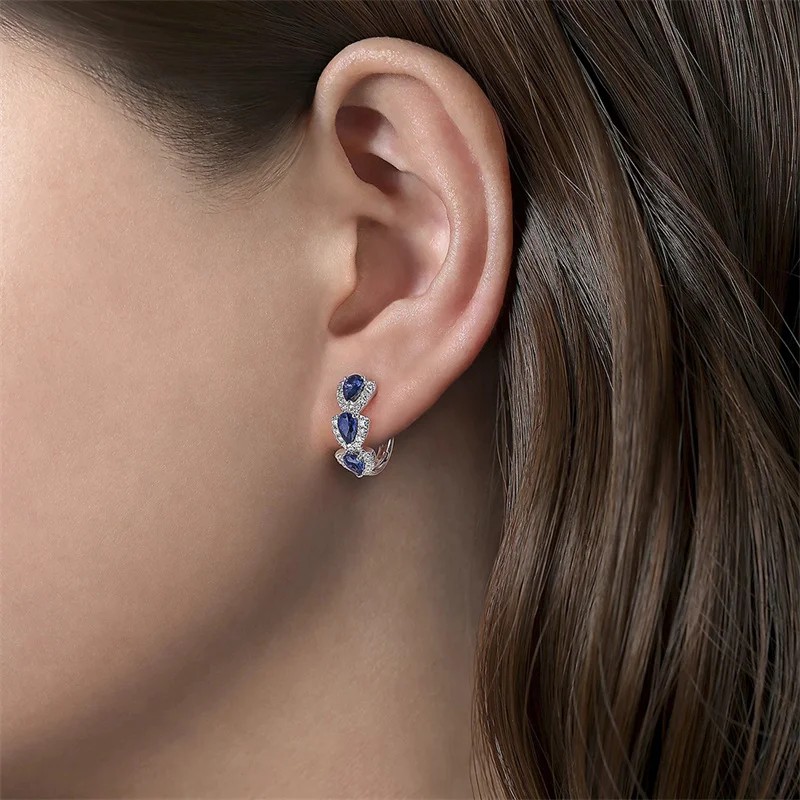 Huitan Luxury Blue CZ Hoop Earrings  Elegant Wedding & Party Jewelry for Women