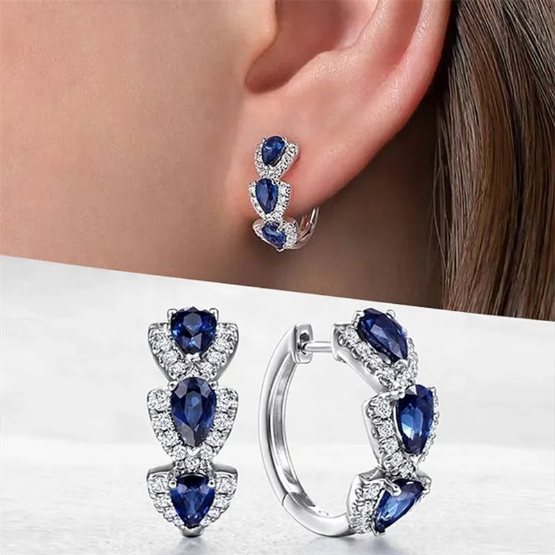 Huitan Luxury Blue CZ Hoop Earrings  Elegant Wedding & Party Jewelry for Women