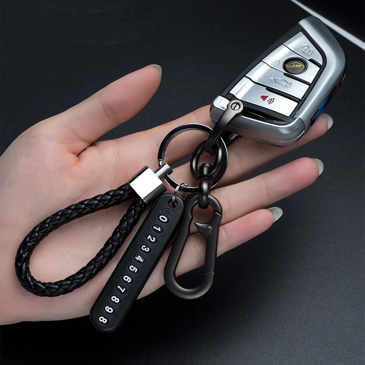 DIY Mobile Number Plate Keychain  Punk Woven Leather Anti-Lost Car Keychain for Men