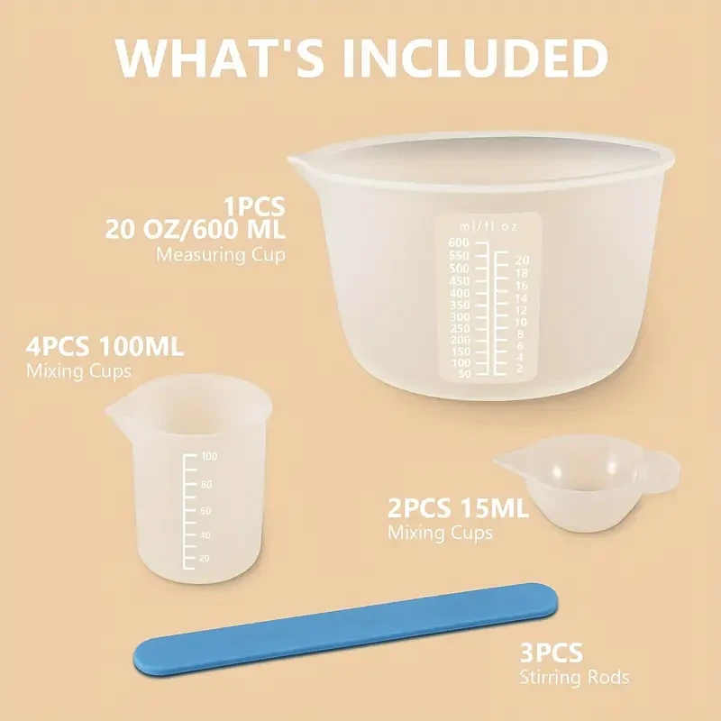 Resin Crafting Set: 10-Piece Silicone Measuring Cups (600Ml & 100Ml), Resin Mixing Cup, Silicone Stirring Rods - Suitable for Small And Large Projects
