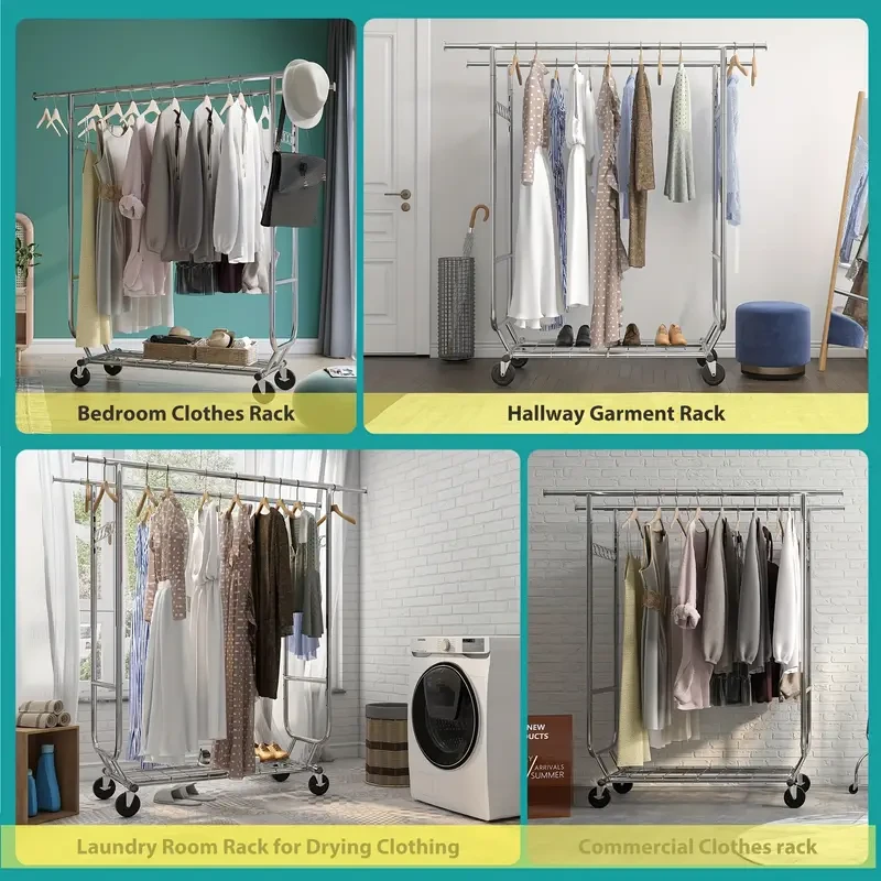 The Heavy-Duty Rolling Clothes Rack with Wheels provides a versatile, sturdy solution for organizing and displaying clothes. With a height-adjustable design, smooth-rolling wheels, and utility hooks, its perfect for everything from personal storage to re