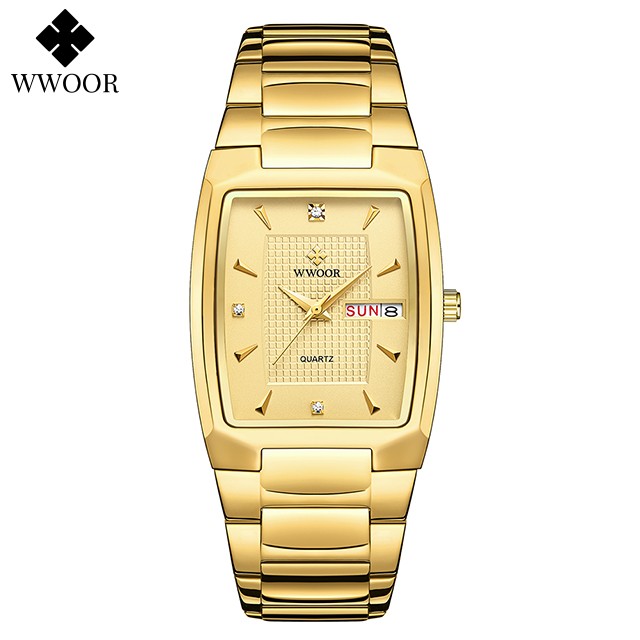 WWOOR 2024 Mens Square Watch  Luxury Gold Stainless Steel Quartz Wristwatch