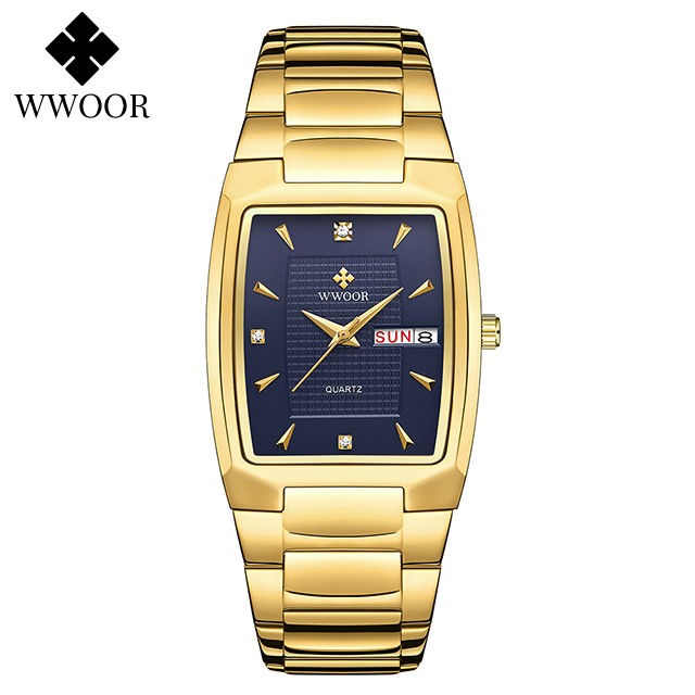 WWOOR 2024 Mens Square Watch  Luxury Gold Stainless Steel Quartz Wristwatch