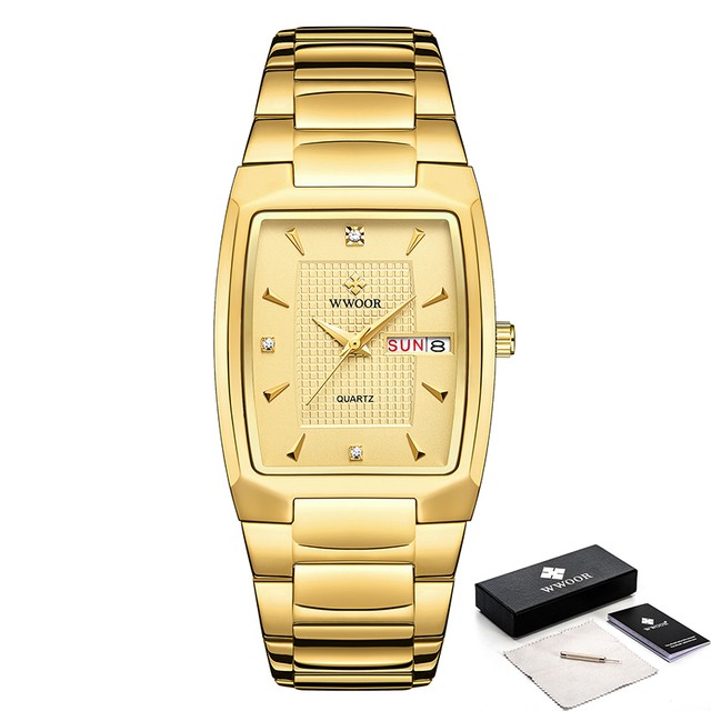 WWOOR 2024 Mens Square Watch  Luxury Gold Stainless Steel Quartz Wristwatch