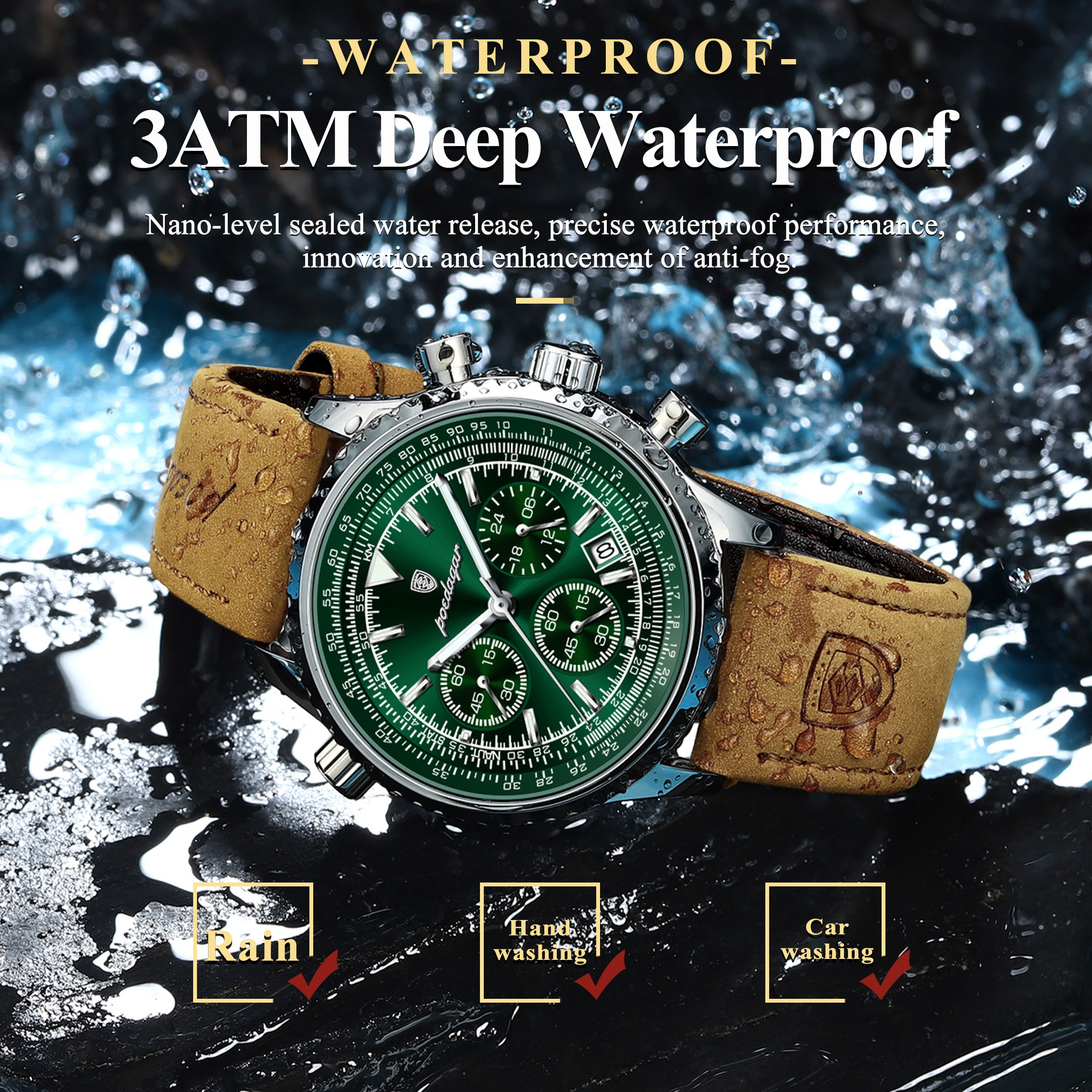 POEDAGAR Luxury Mens Quartz Watch  Waterproof Luminous Chronograph with Date & Leather Strap