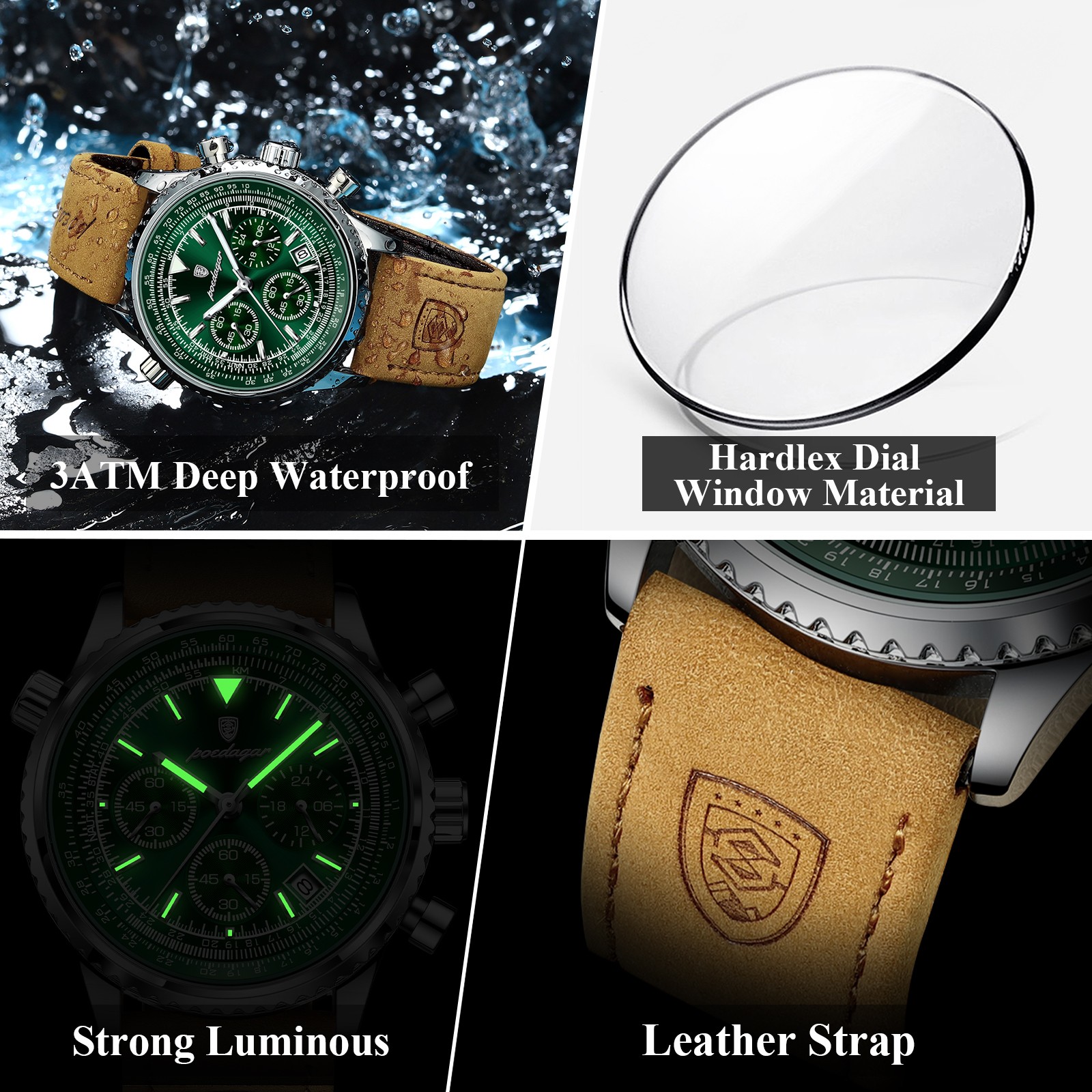 POEDAGAR Luxury Mens Quartz Watch  Waterproof Luminous Chronograph with Date & Leather Strap