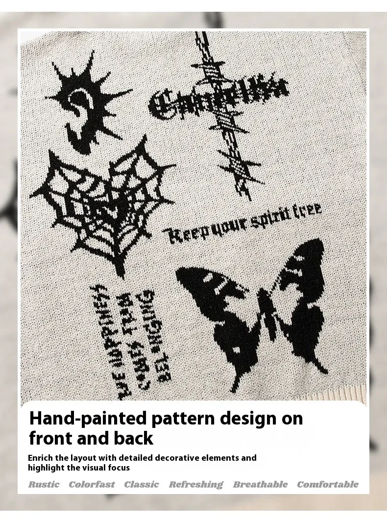 American Retro Hand-painted Jacquard Round Neck Sweater