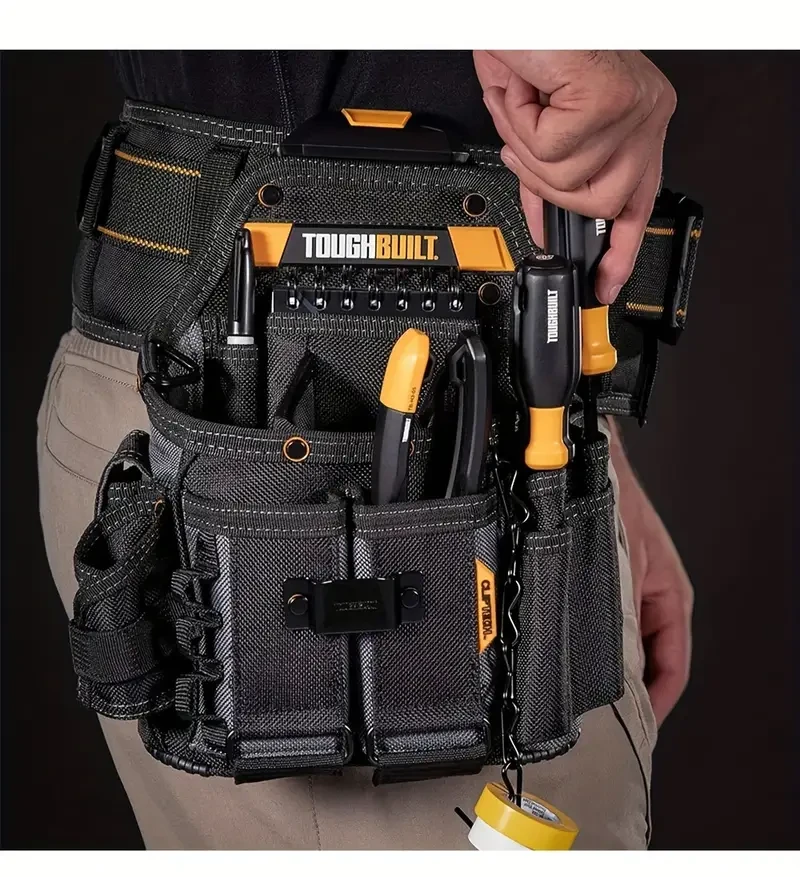 Toughbuilt TB-CT-114 Electrician's Pouch with Shoulder Strap - Durable Polyester, 21-Pocket Tool Organizer with ClipTech Hub & Kickstand Feature