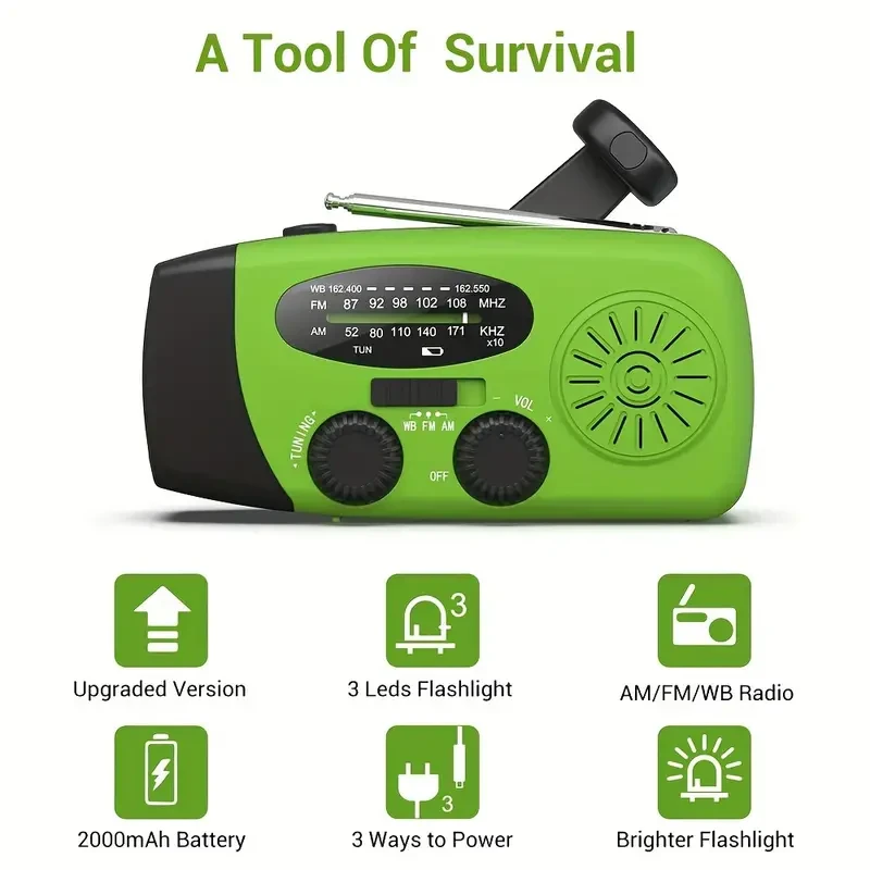 Emergency Hand Crank Radio with 2000mAh Power Bank Phone Charger, AM/FM/NOAA Portable Weather Radio with 3 LED Flashlight