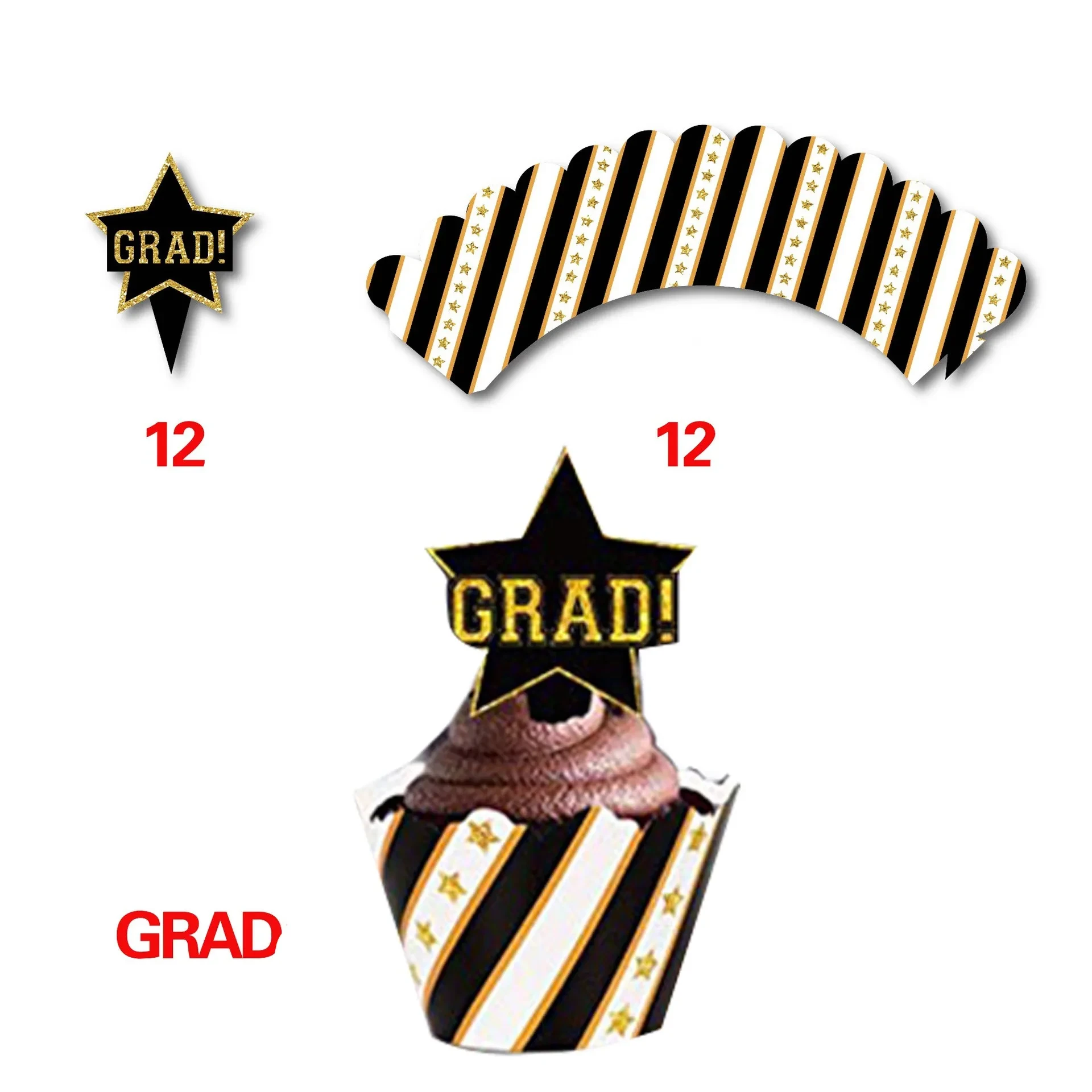 Black Gold Graduation Cake Cup Circle Decoration Circle Party Supplies Set