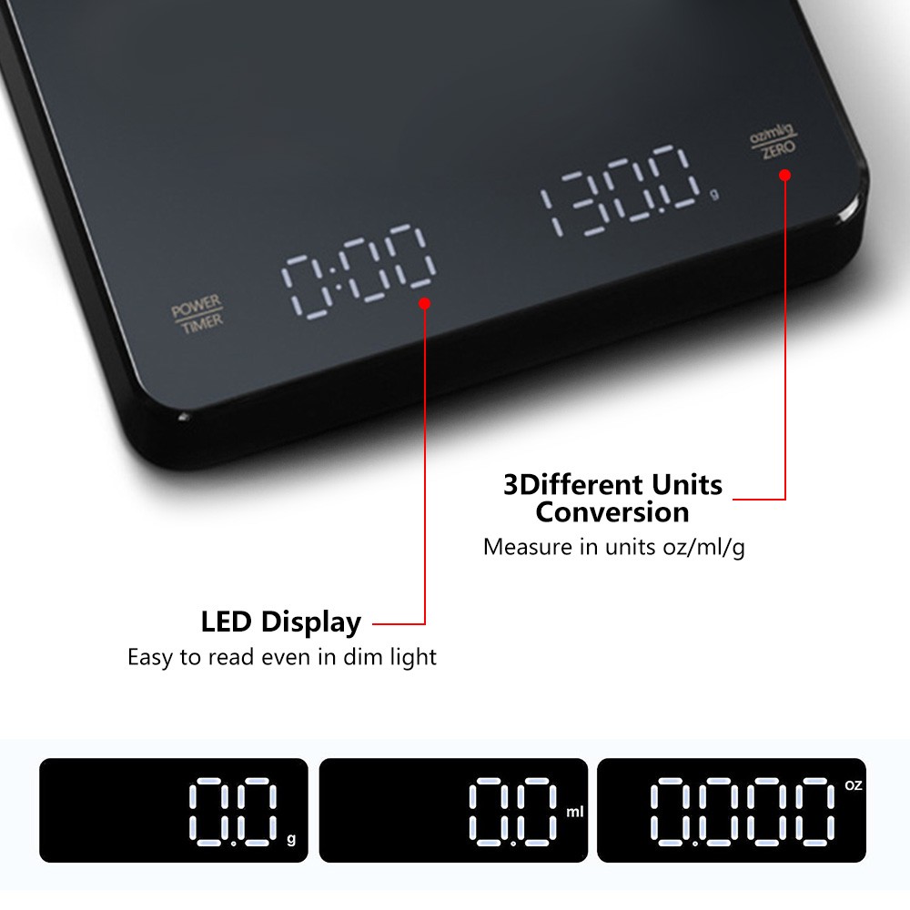 Digital Coffee Scale with Timer  LED Display, USB Rechargeable
