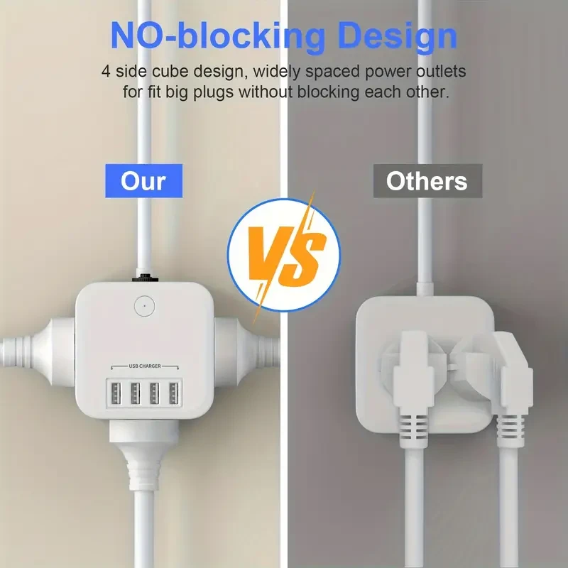 Cube Power Strip, 3 AC Outlets & 4 USB Charging Stations with Surge Protection, 10A/2400W, 1.8m Extension Cord, Office & Home Use, Australian Plug, Switch, USB Slots, 220V-240V Voltage, Battery-Free