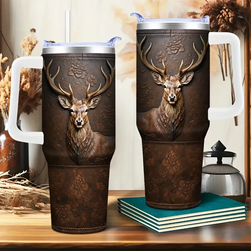 Steel Deer-Themed Tumbler with Lid & Straw - Insulated Car Travel Cup