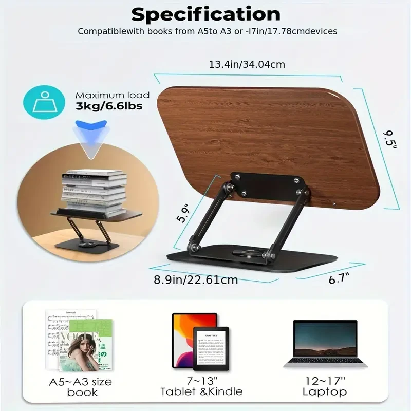 Adjustable Book Stand: 360 Rotating Base, Height & Angle Adjustable, Foldable & Portable