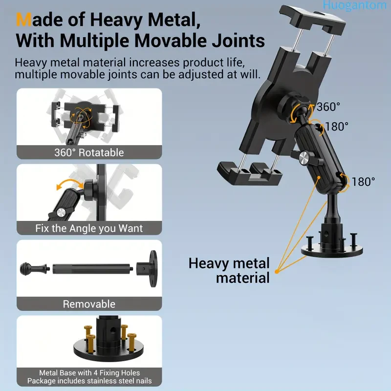 Huogantom Aluminum Alloy Tablet Mount with Heavy-Duty Drill Base, 360 Adjustable Holder for 11.94-32.77 cm Tablets and Phones