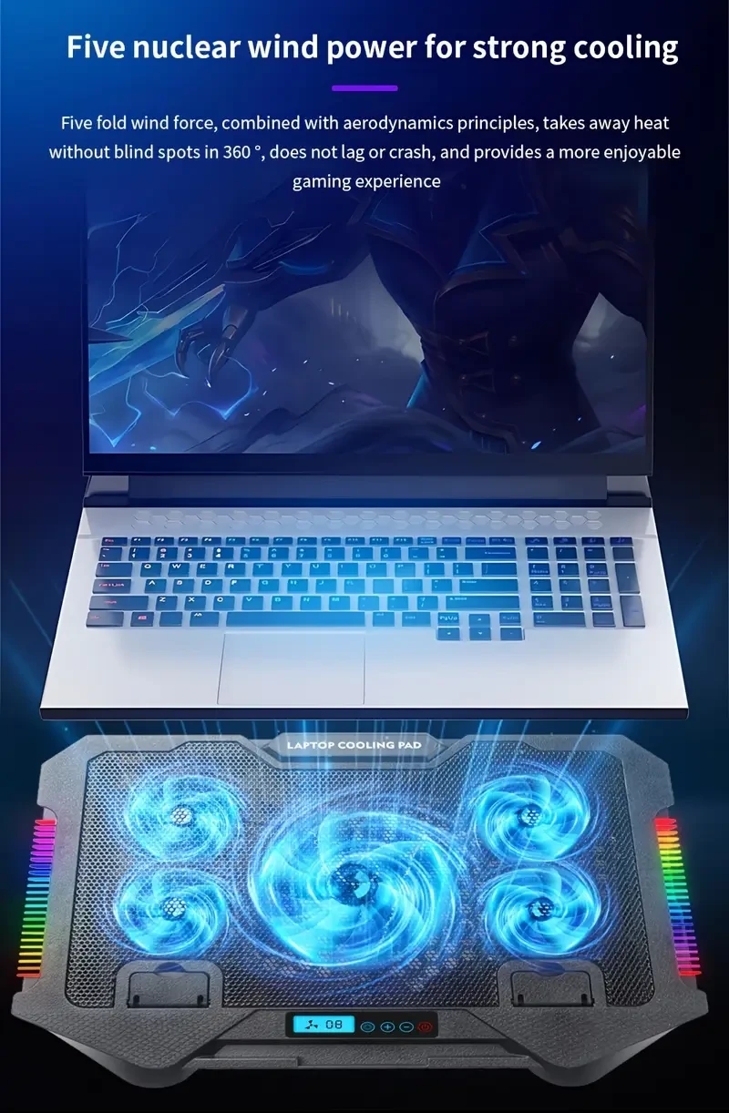 TISHRIC RGB Laptop Cooling Pad with 5 Fans, 6-Speed Height Adjustable, Dual USB Charging Ports, Ergonomic Stand for 30.48-43.18 cm Notebooks