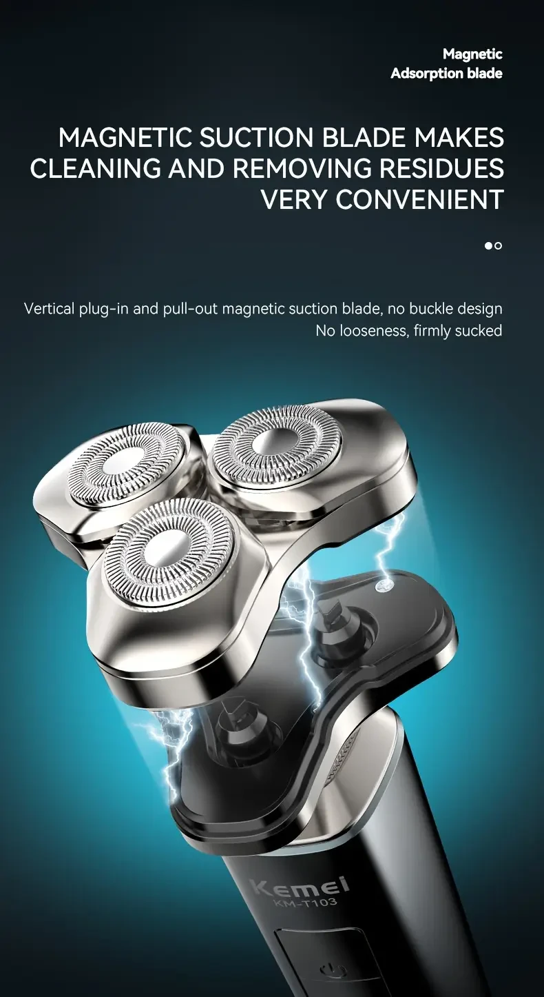 Kemei Men's Electric Shaver with UV-Plated Body, Magnetic Floating Head, LED Display, Long Battery Life, 3 Stainless Steel Blades, Rotary Design, Travel Lock - T103