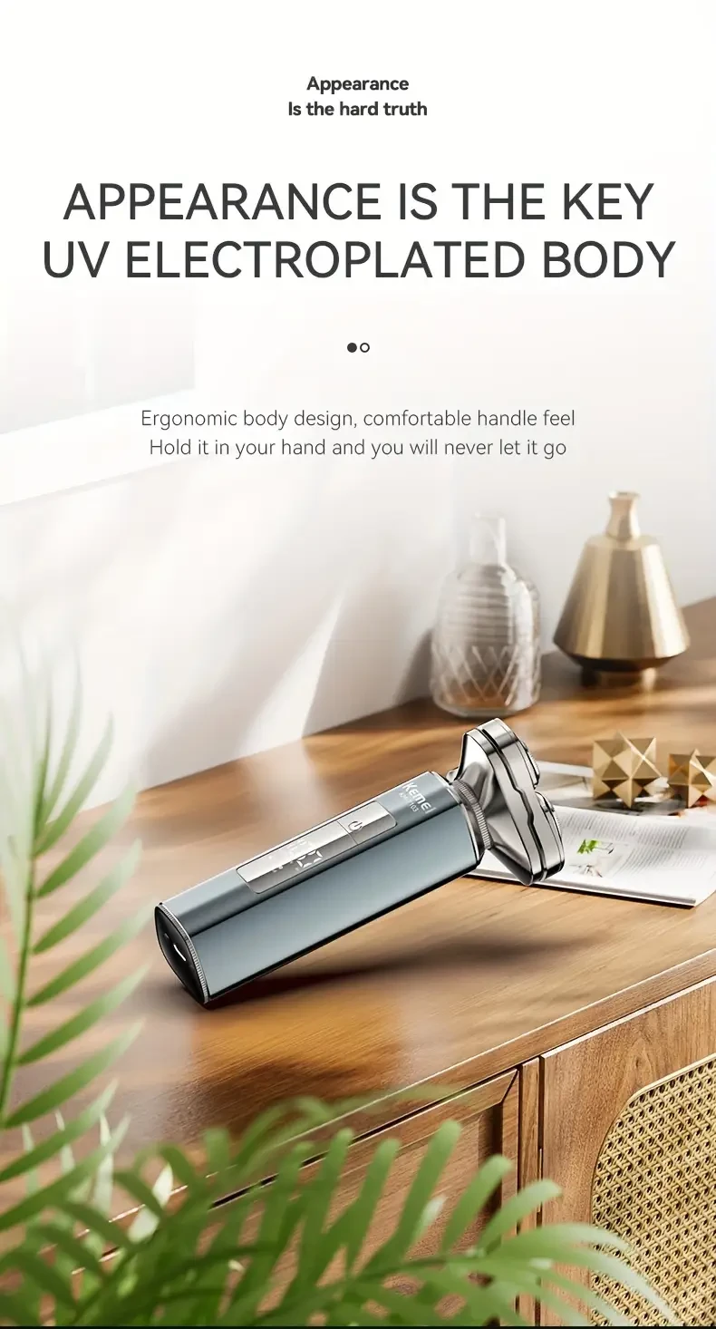 Kemei Men's Electric Shaver with UV-Plated Body, Magnetic Floating Head, LED Display, Long Battery Life, 3 Stainless Steel Blades, Rotary Design, Travel Lock - T103