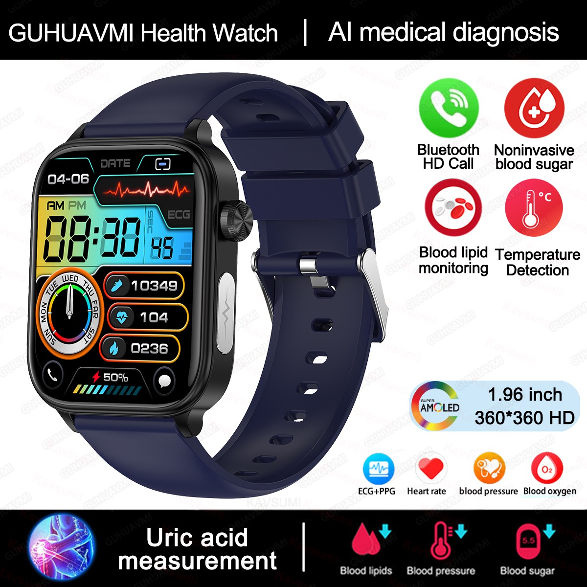 2024 AI Medical Diagnosis Smart Watch  Blood Lipids, Uric Acid, Blood Glucose Monitoring with ECG+PPG, Bluetooth Calls, and Health Tracking