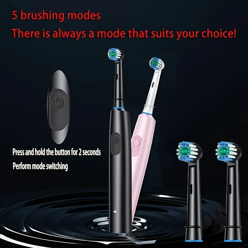 Rechargeable Electric Toothbrush with 4 Replaceable Heads, 5 Modes, Round Head, 360 Rotation