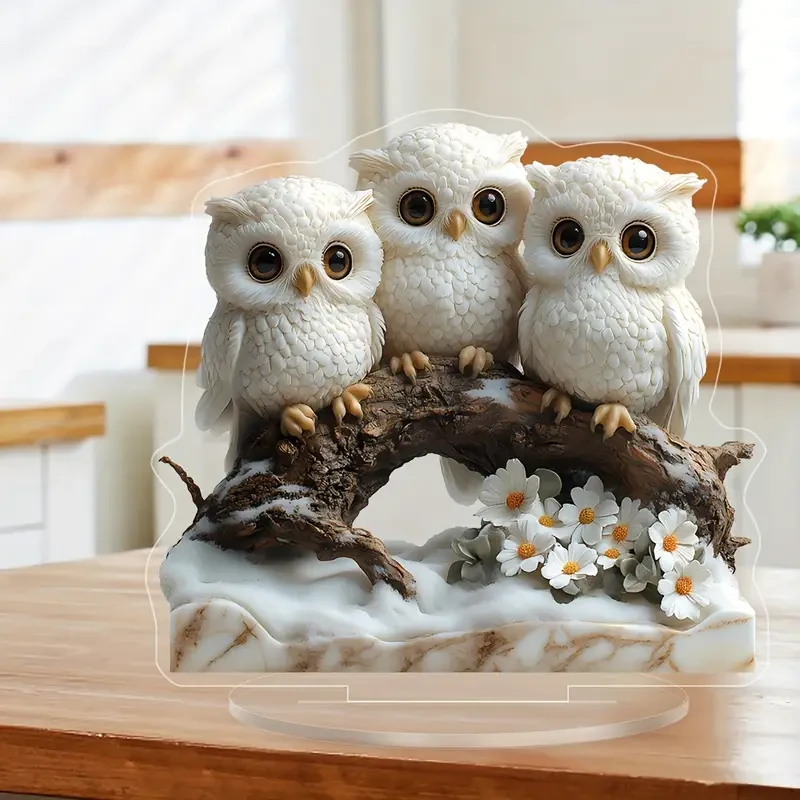 Boho Style Owl Figurine Ornaments - 1pc Acrylic Owl Family on Tree Branch
