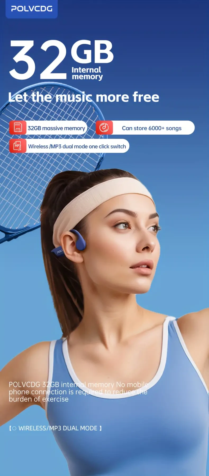 1pc POLVCDG X7 Wireless Bone Conduction Headphones, 10H Playtime, IPX8 Waterproof, 32GB Built-in Memory, Sports Open-Ear Headset with Volume Control, Rechargeable Battery, Compatible with Phones for Swimming, Running, Cycling & Fitness