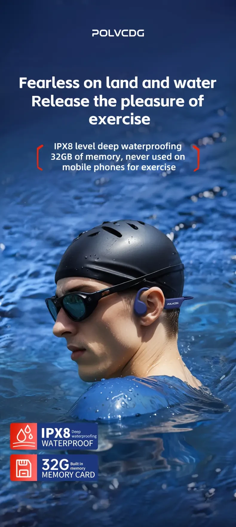 1pc POLVCDG X7 Wireless Bone Conduction Headphones, 10H Playtime, IPX8 Waterproof, 32GB Built-in Memory, Sports Open-Ear Headset with Volume Control, Rechargeable Battery, Compatible with Phones for Swimming, Running, Cycling & Fitness